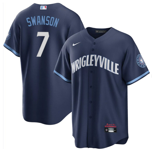 Men's Chicago Cubs #7 Dansby Swanson Navy City Connect Cool Base Stitched Baseball Jersey